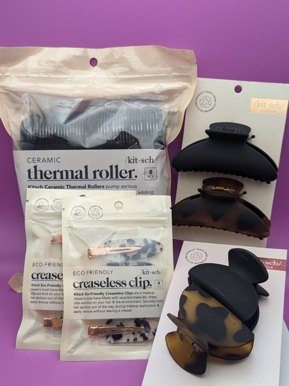 Kitsch Thermal Rollers + Med & Small Claw Clips + 2 Sets Creaseless Clips Bundle
